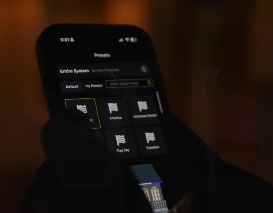 Smartphone app controlling Bosso permanent outdoor lighting presets