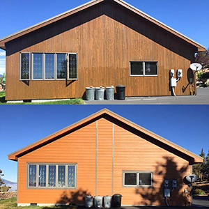 before and after photo of wood house with new siding